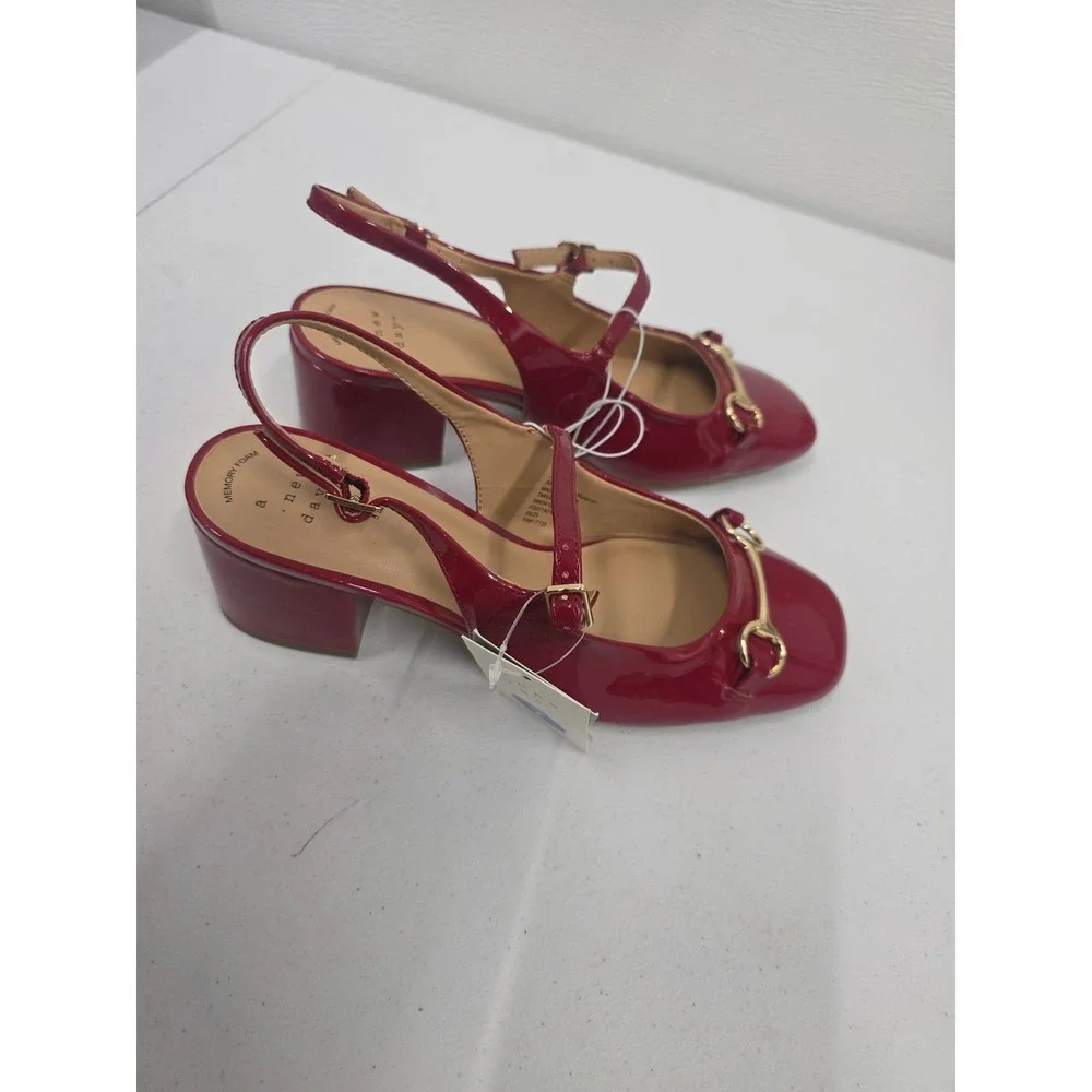 A New Day Red Patent Horsebit Slingback Block Heel Mary Jane Pumps Size 7